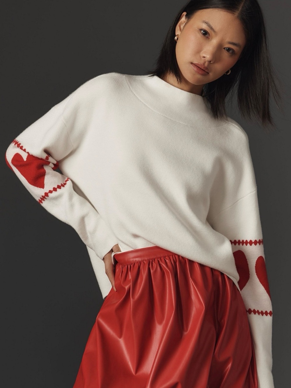 Maeve Anthropologie Women's S Ivory Red Heart Print Knit Mock Neck Sweater